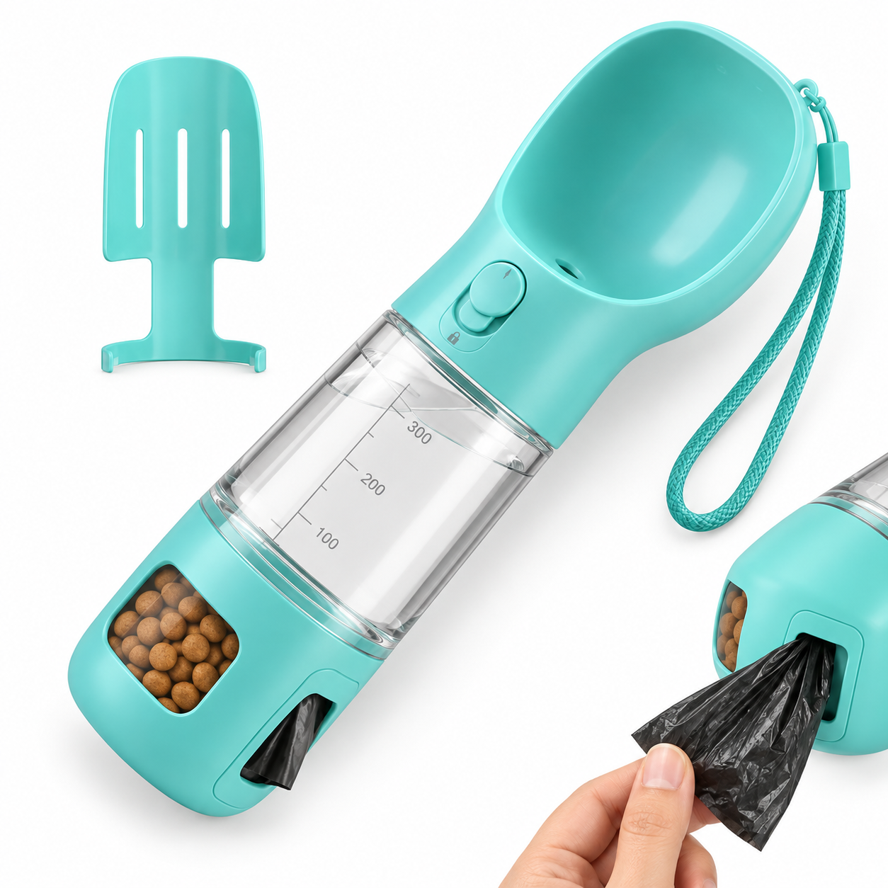 Türkisfarbene 3-in-1 Hundeflasche mit Trinknapf, Skala, Futterfach und Kotbeutelspender